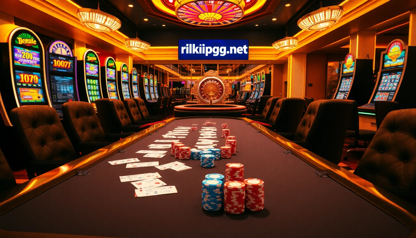 Enjoy an exciting poker game at rikvip.gb.net with vibrant chips and a roulette wheel.