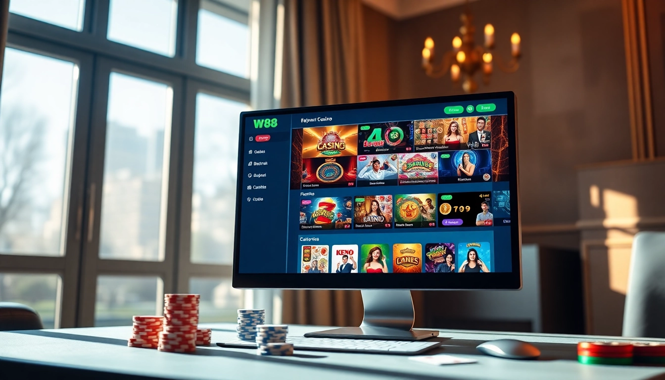 Explore the vibrant gaming environment of W88.nyc, featuring diverse casino games on a sleek user interface.