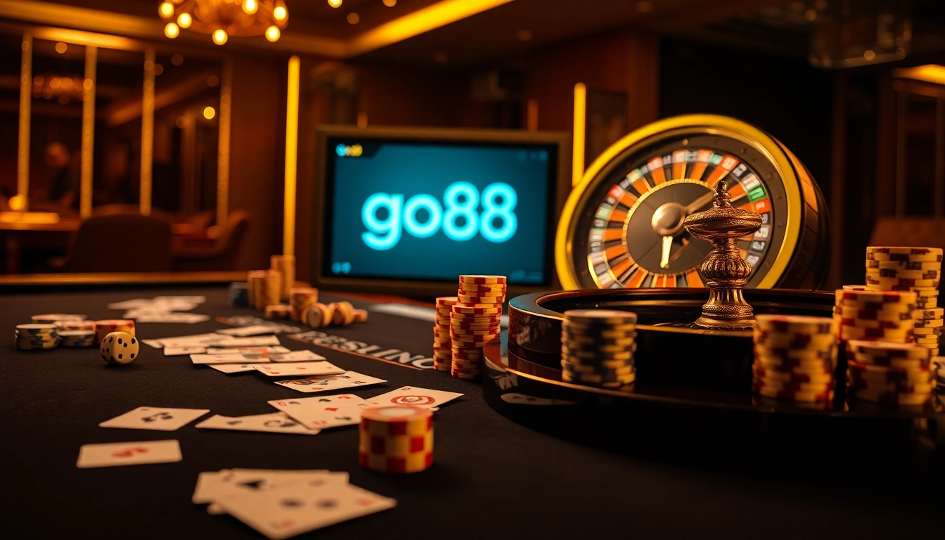 Experience the excitement of go88 with a luxurious online casino scene showcasing cards, chips, and roulette.