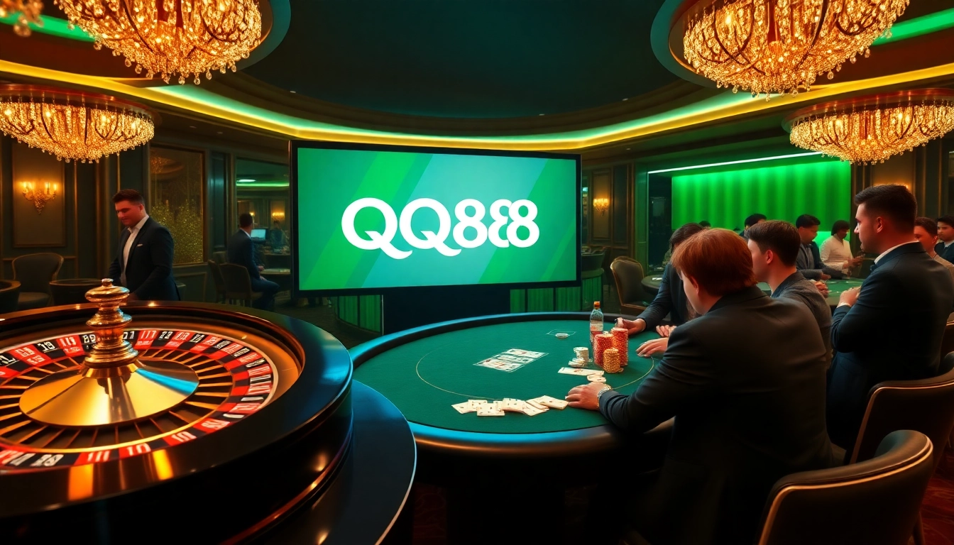 Players enjoying a vibrant QQ88 gaming experience at an elegant casino.