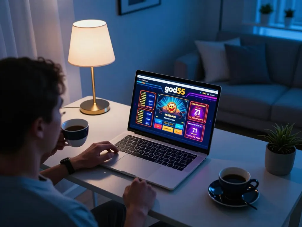Engaging in online gaming at god55, showcasing a vibrant home setup with sleek laptop and coffee