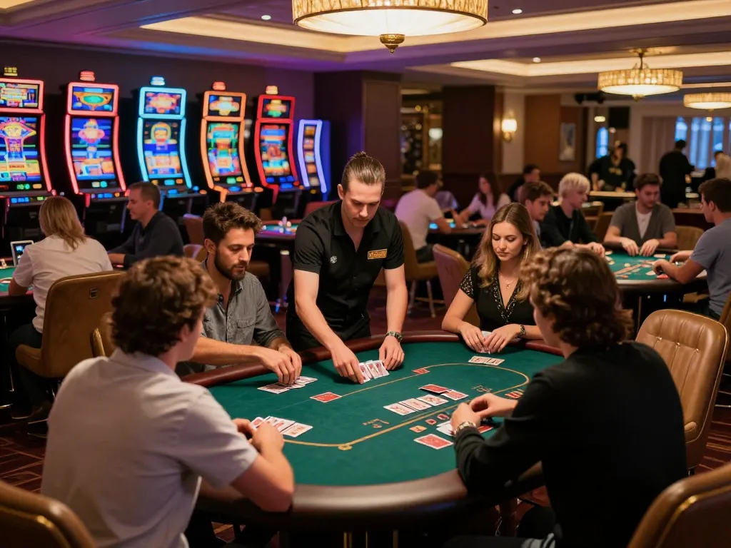 Players engage in strategic poker gameplay at lc88 casino, vivid neon lights enhance atmosphere.