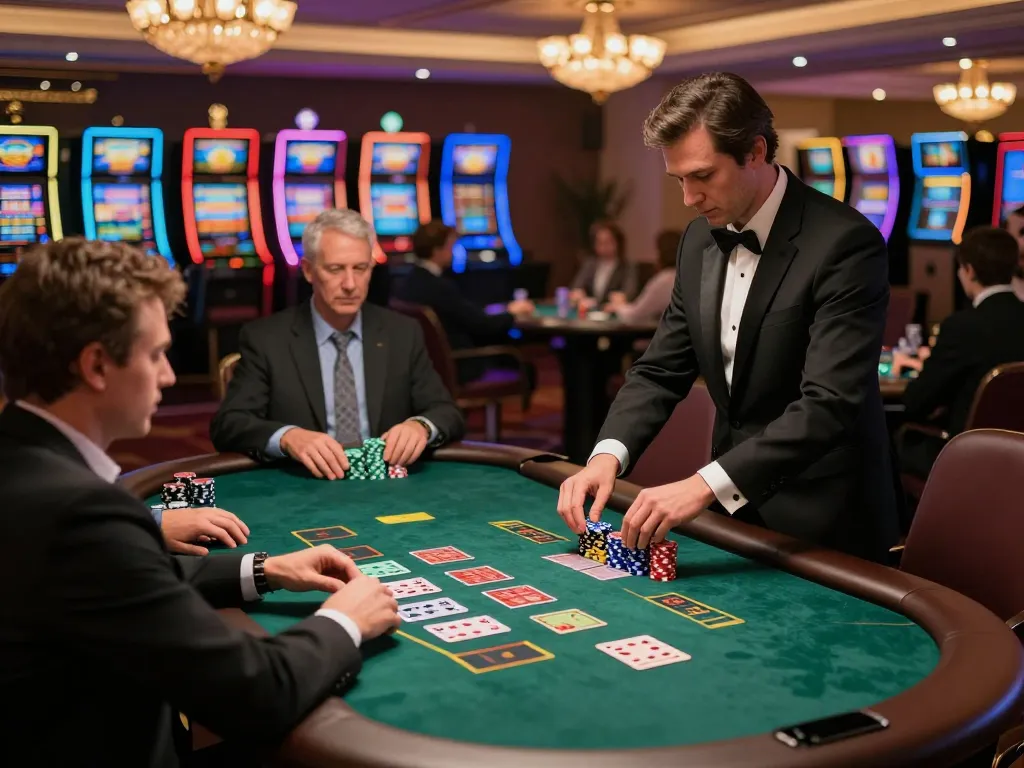 Players at 789win blackjack table engaged in high-stakes strategy in a luxurious casino atmosphere.