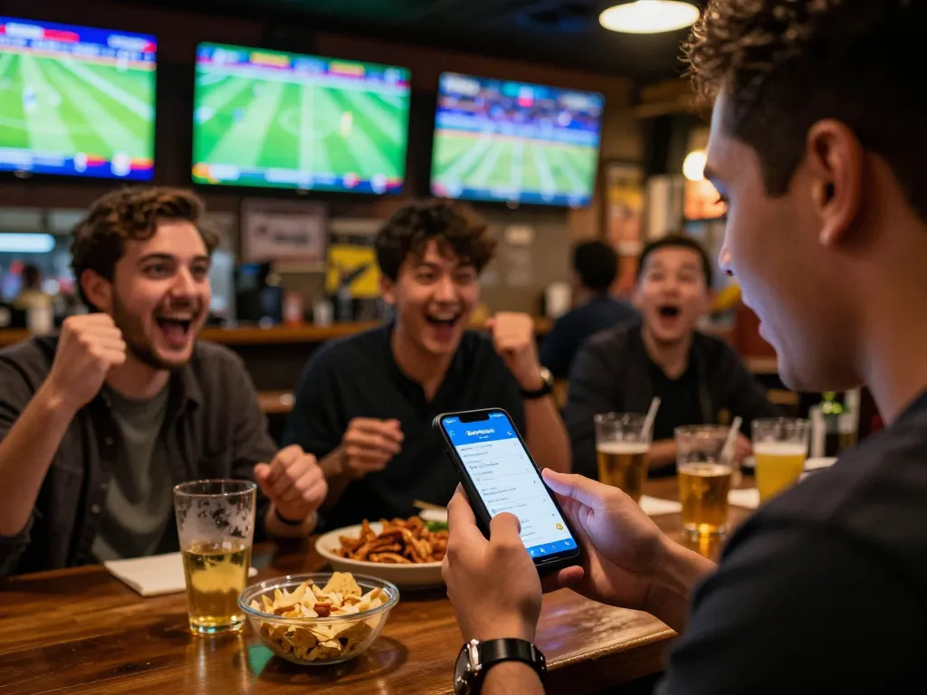 Person engaged with Bongdalu app while watching live sports betting in a vibrant sports bar