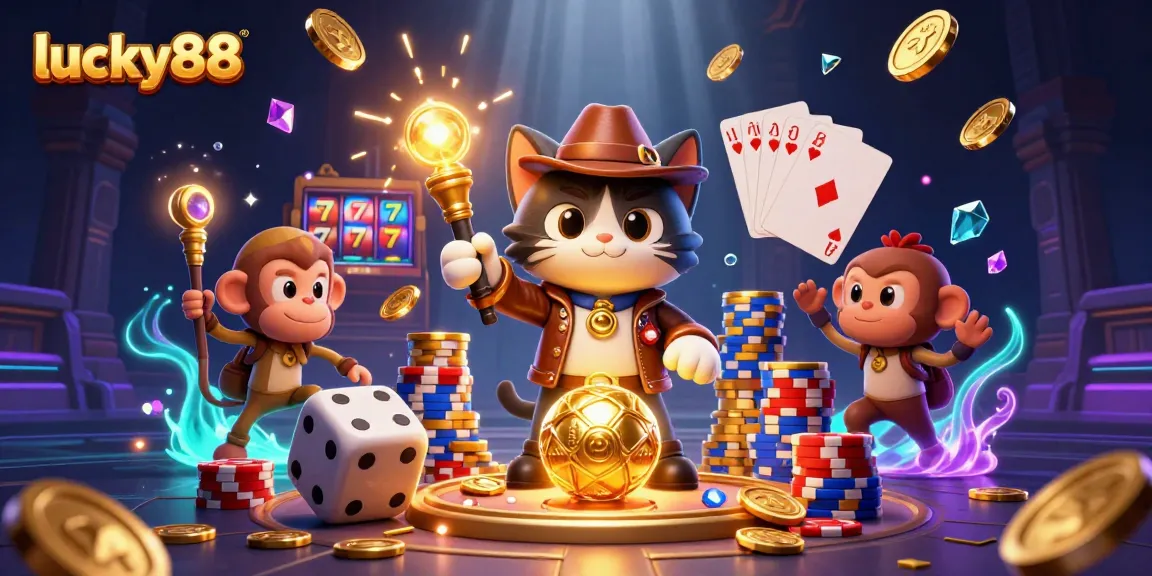 Play lucky88 slot game with explorers, treasure, and vibrant casino elements.