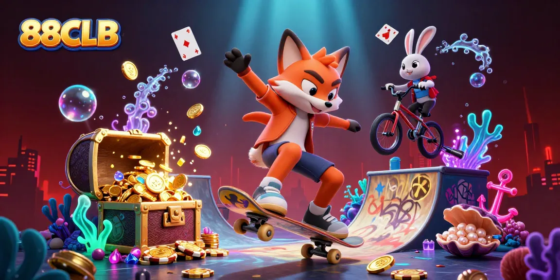 Experience thrilling gaming at 88CLB with dynamic characters and casino symbols in vibrant colors.