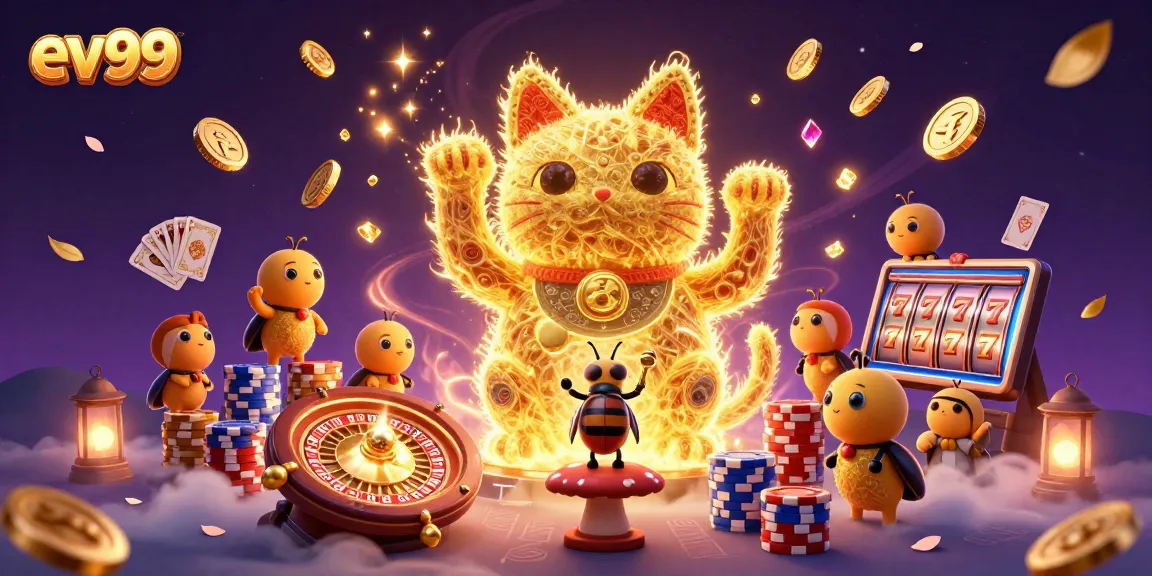 Experience the thrill of ev99 with cascading coins and a lucky cat ambiance in this vibrant casino scene.