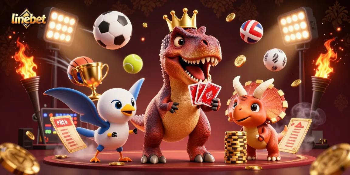 linebet engages players with a thrilling 3D illustration of a T-Rex dealing cards while surrounded by sports elements.