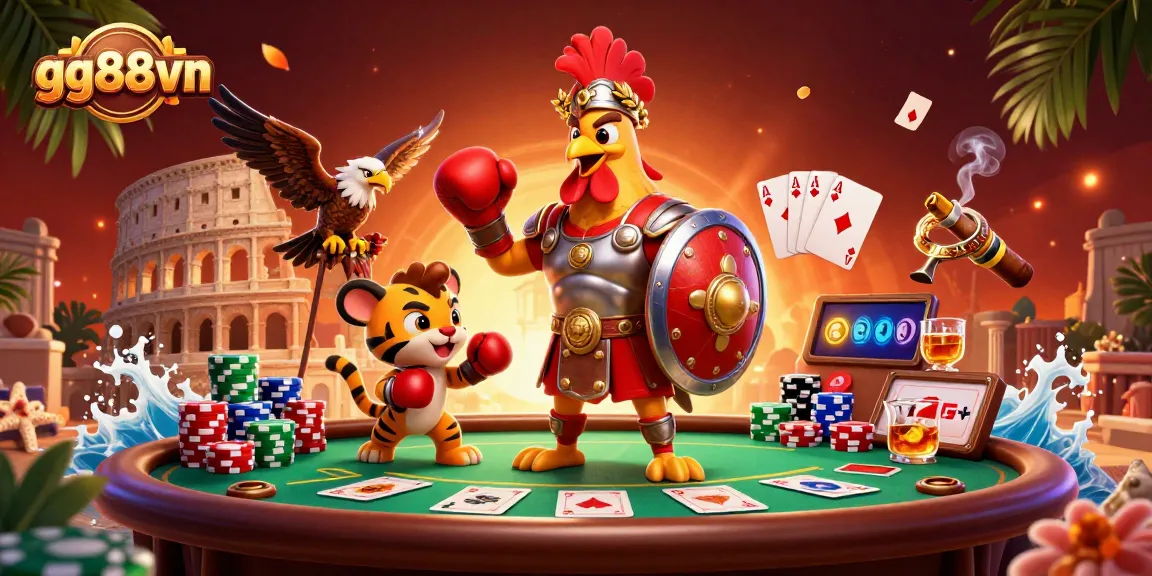 Experience thrilling poker action at gg88vn with a 3D cartoon rooster and tiger cub in a vibrant casino.