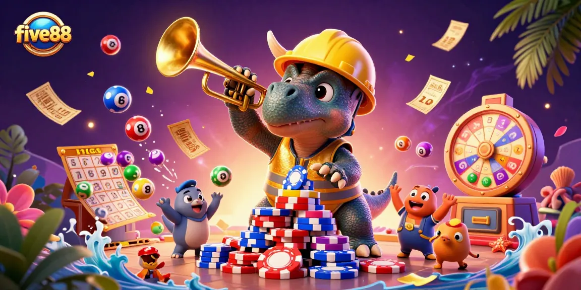 Experience a vibrant celebration at five88 with cheerful dinosaurs building poker chip pyramids in a dynamic casino scene.
