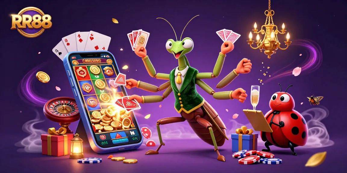 RR88 showcases a giant card sharp dealing cards while vibrant slot game elements explode around, enhancing the casino experience.