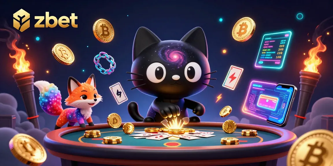 Experience zbet's cosmic casino adventure with a black hole cat and vibrant nebula fox.
