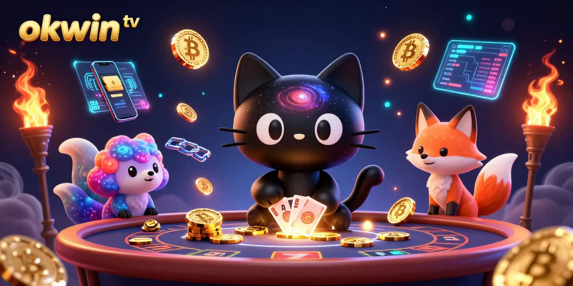Experience cosmic gaming with okwin tv's vibrant illustration of a black hole cat and colorful nebula fox.