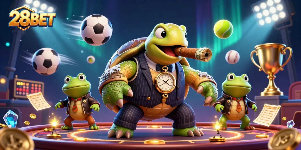 Experience thrilling gameplay with 28BET's 3D casino scene featuring vibrant sports elements and charming characters.