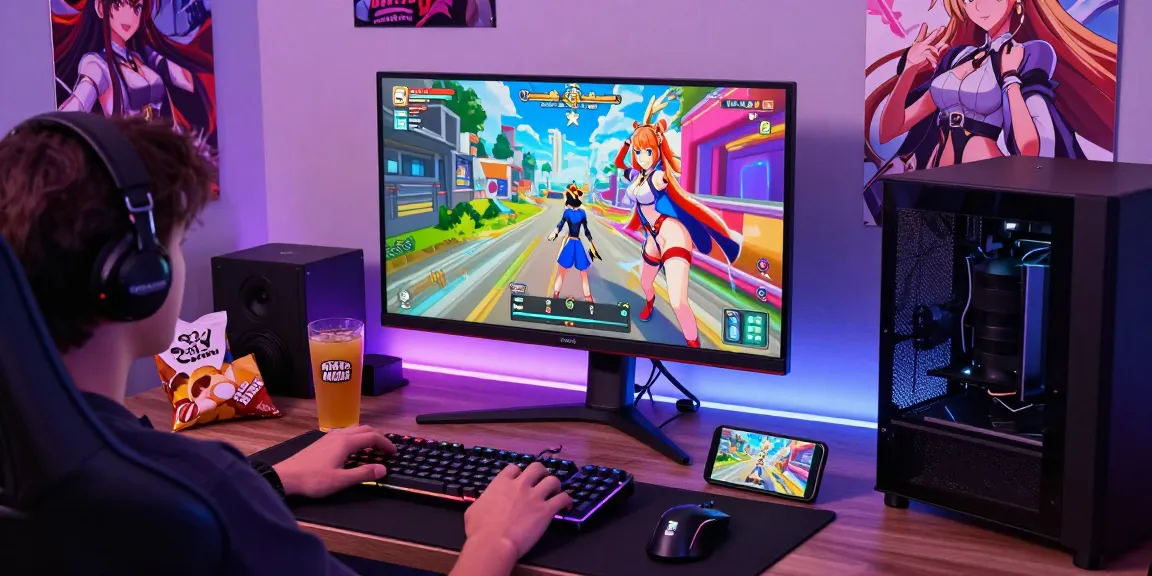 Engaged player enjoying free ecchi games on multiple devices, vibrant gaming setup with colorful visuals.