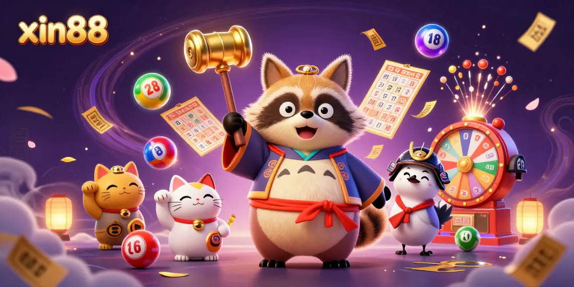 Experience the excitement of xin88 with colorful lottery balls, a cheerful tanuki, and vibrant casino elements in a lively scene.