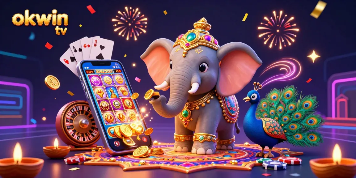 Experience okwin tv live gaming with a dynamic 3D casino scene full of action and festive elements.