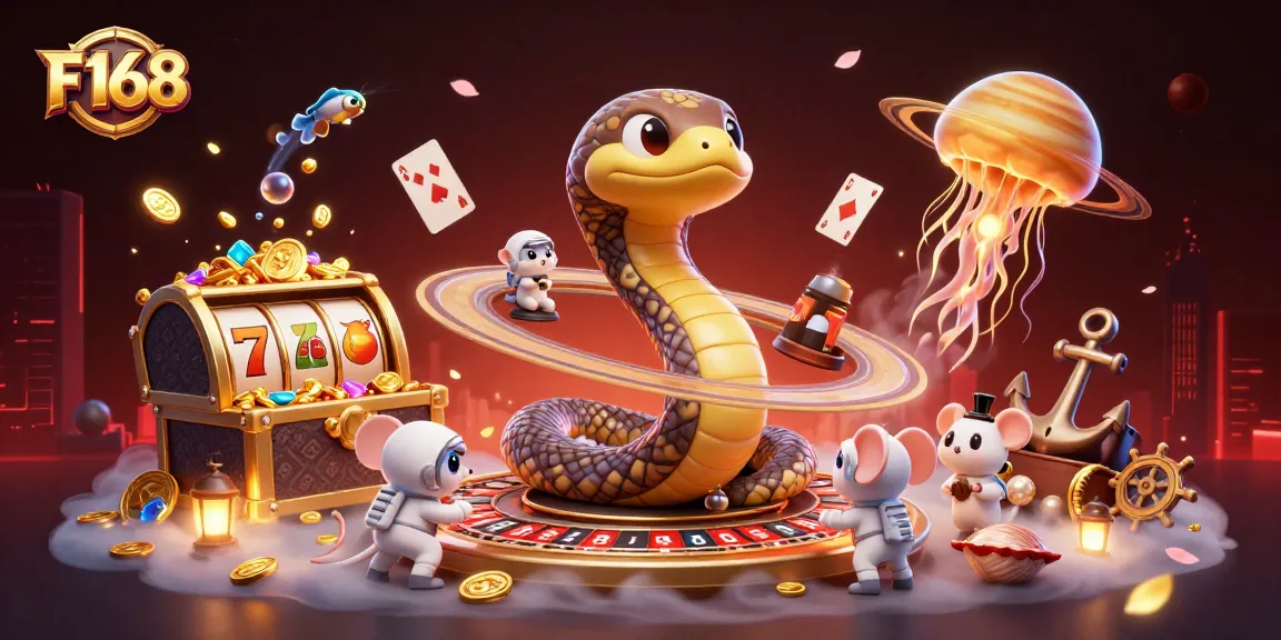 Experience thrill with F168’s cosmic casino scene featuring snakes and astronauts in a roulette-inspired galaxy.