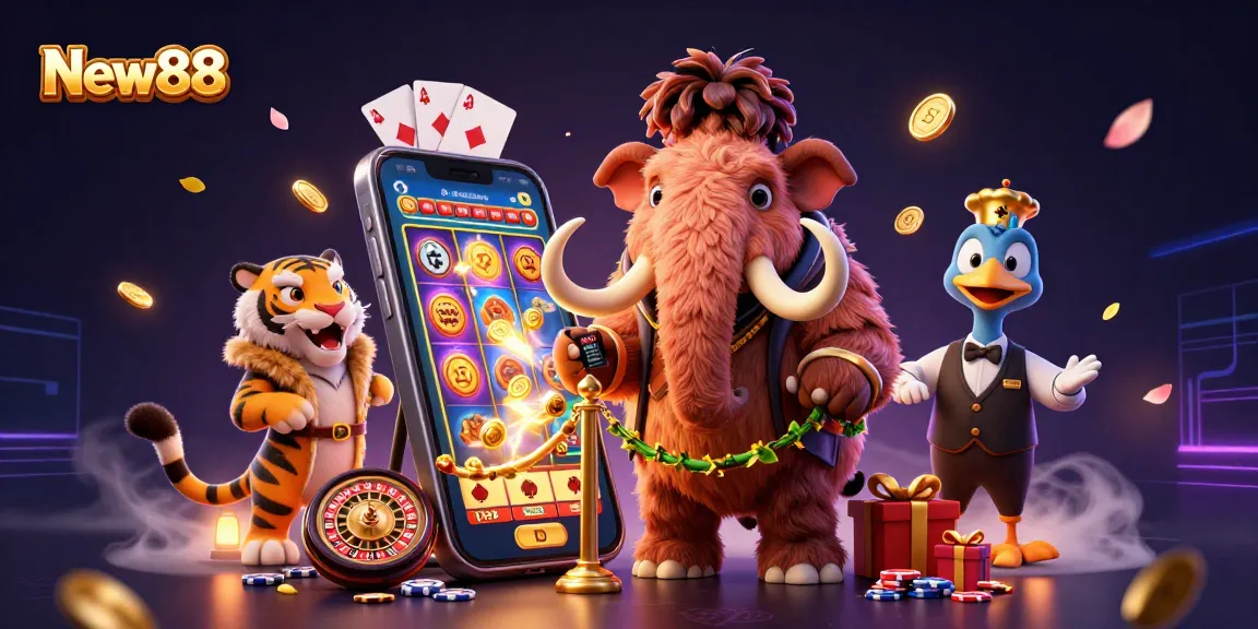 Experience the excitement at New88, where a woolly mammoth bouncer checks IDs amidst thrilling casino games.