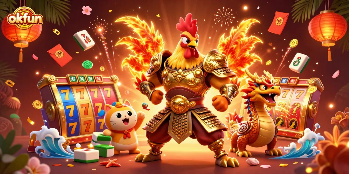 Engage in thrilling slots action with okfun featuring a powerful rooster warrior and vibrant casino elements.