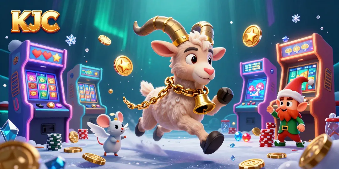 KJC offers an exciting gaming atmosphere featuring a Krampus goat and mischievous characters in a colorful casino setting.