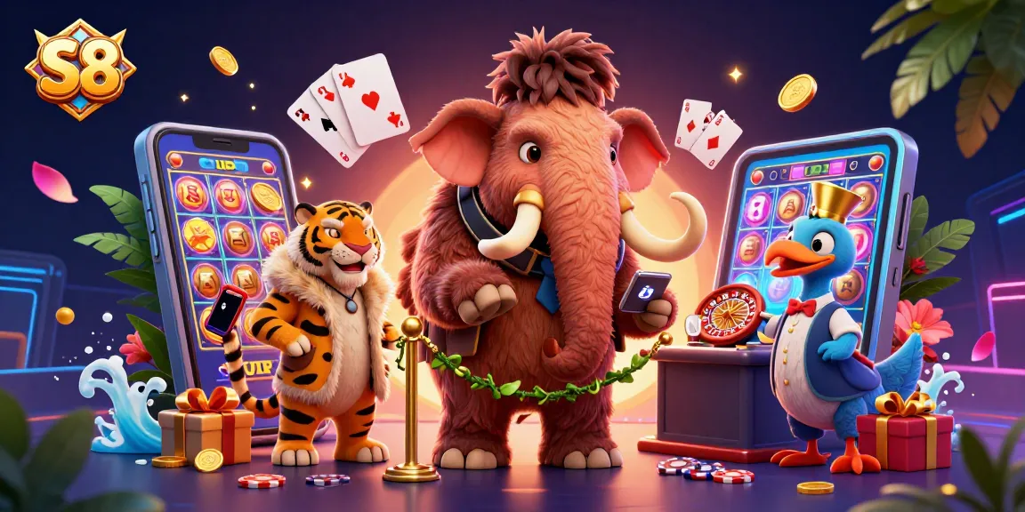 S8 casino experience with mammoth bouncer, saber-tooth VIP, and dodo doorman among vibrant gaming elements