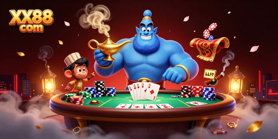 Experience enchanting poker action with the majestic XX88 com genie and vibrant chips illuminating the scene!