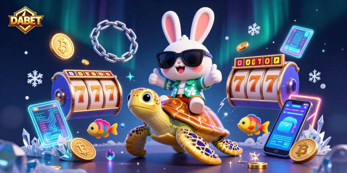 DABET promotes engaging casino games with a lucky rabbit and golden turtle amidst vibrant illustrations.