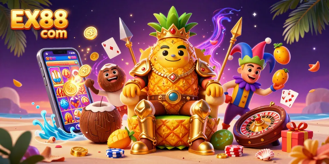 Join the excitement at EX88 com with a vibrant beach casino scene featuring a golden pineapple king and lively game elements.