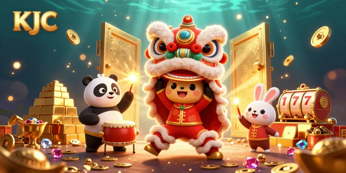 KJC engages players in a vibrant casino world with a drum-playing panda and dynamic game elements.