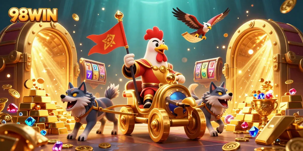 Win exciting rewards at 98WIN with dynamic slots and treasures in this vibrant casino scene.