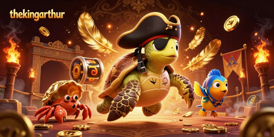 Thekingarthur showcases exciting bonus buy slots with a pirate turtle, hermit crab, and parrotfish among treasures.