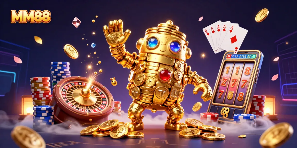 Experience the thrill of MM88 slots with a golden golem and dynamic casino elements.