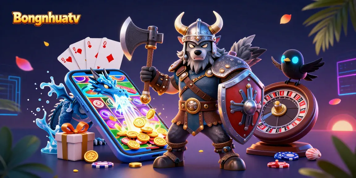 Bongnhuatv captivates with a Viking wolf warrior, fierce dragon, and cartoon raven amidst a rich gambling scene.
