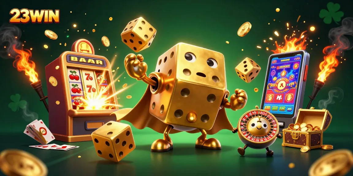 Experience the excitement of 23WIN, featuring a dynamic 3D illustration of gaming characters and thrilling casino elements.