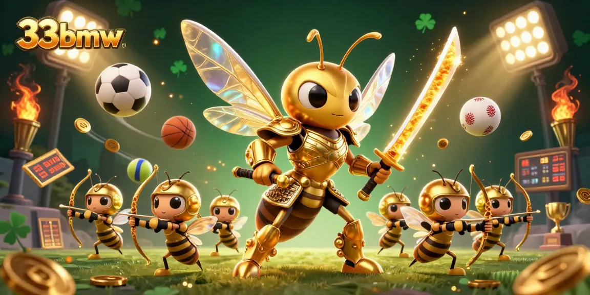 Engage with 33bmw's exciting gameplay featuring a dynamic 3D illustration of a golden hornet samurai and sports elements.