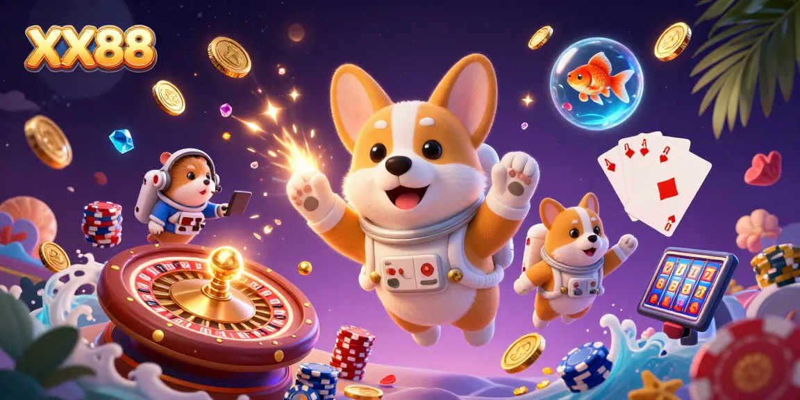 XX88 engages players with floating casino fun featuring a corgi astronaut in a colorful scene.