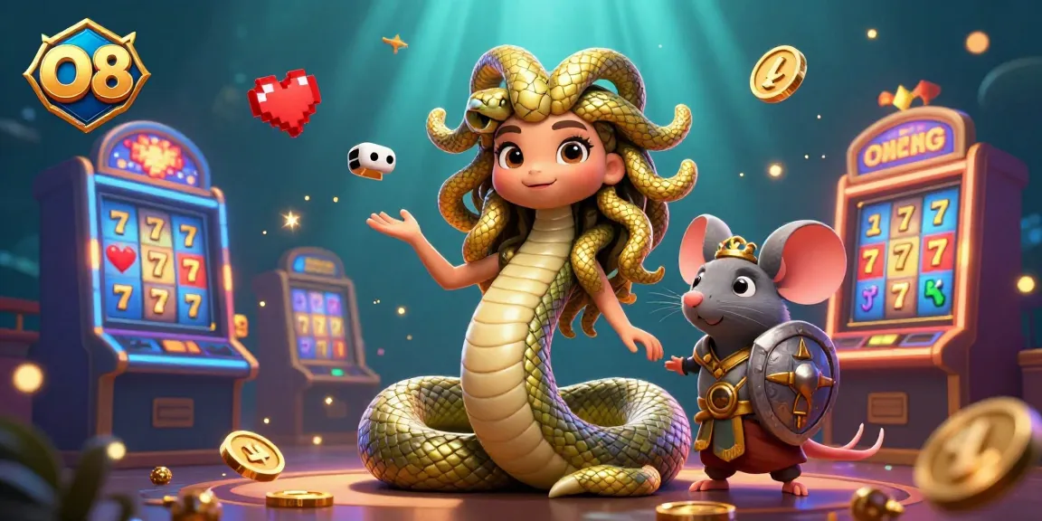 Engage with O8's exciting casino atmosphere featuring Medusa and a warrior mouse, surrounded by slot machines and golden coins.