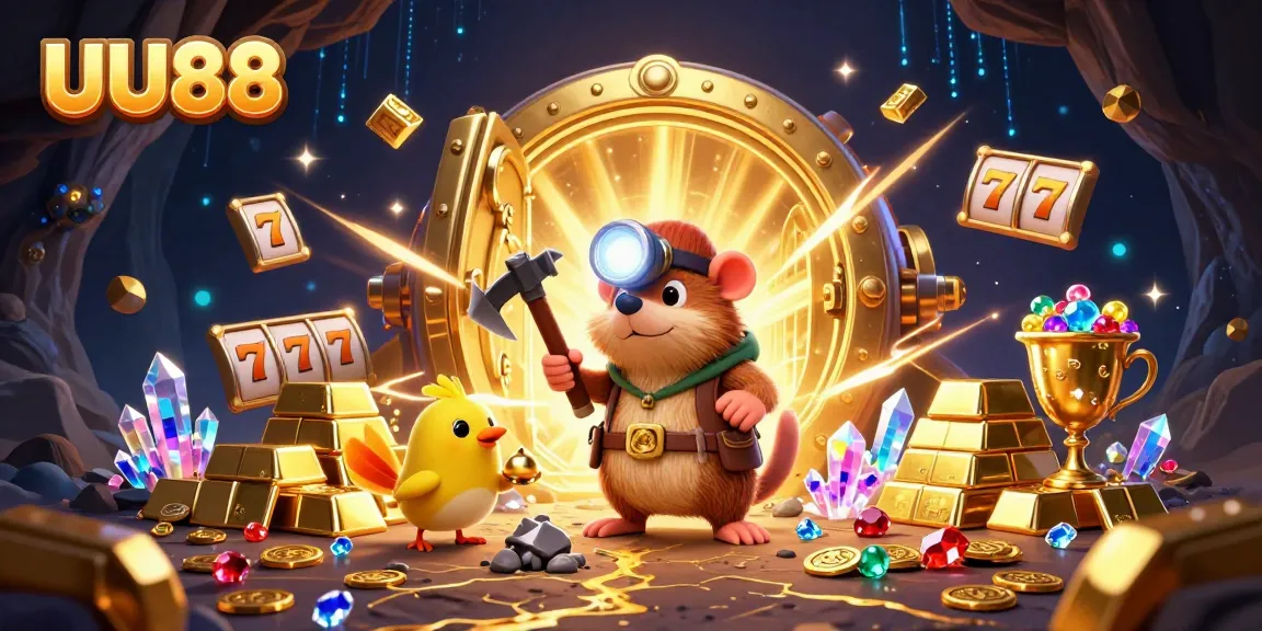 Experience the excitement of UU88 with a treasure hunter mole and canary in a vibrant casino scene.