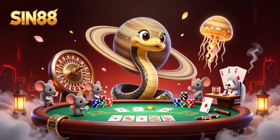 SIN88 engages players in vibrant 3D casino illustration featuring space-themed casino elements.