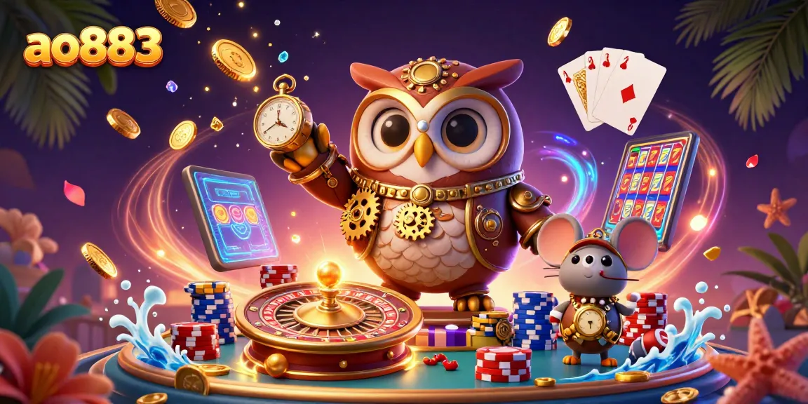Spin the reels at ao883 with a time-traveler owl and casino excitement in a vibrant 3D illustration.