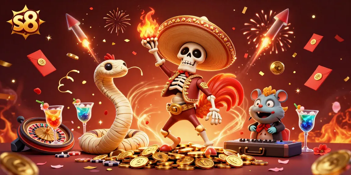 Engage with s8's lively atmosphere featuring festive characters in a vibrant casino scene.
