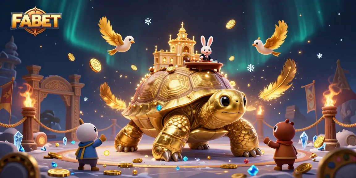 Bet and win with FABET in a vibrant casino-themed digital illustration showcasing a golden tortoise and activities.