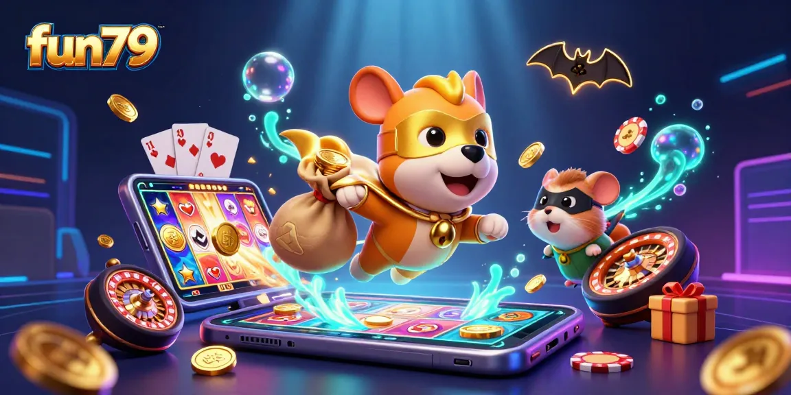 Experience fun79 with a superhero dog flying in a casino-themed world, showcasing exciting gaming elements.