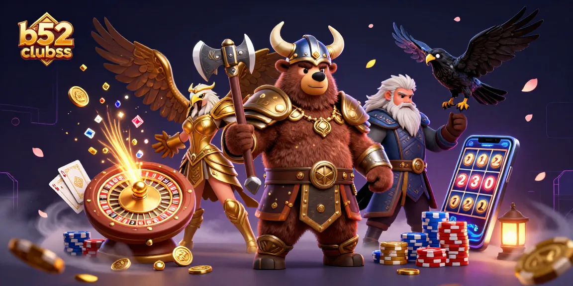 Experience thrilling action at b52clubss as a Viking bear and Valkyrie eagle celebrate casino wins surrounded by coins and chips.