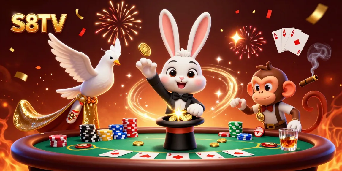 S8TV engaged in a thrilling poker showdown, featuring a magician rabbit, glamorous dove, and monkey with poker chips.