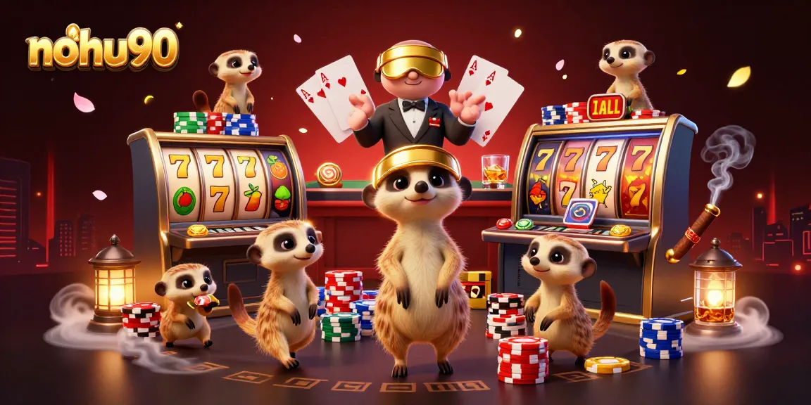 Experience thrilling wins at nohu90 with cartoon meerkats spinning slot reels and stacking chips.
