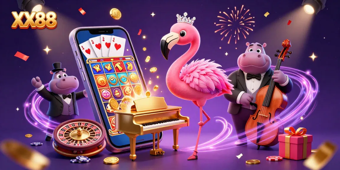 Experience the excitement of XX88 with a vibrant 3D casino scene featuring singing flamingo and hippo bassist.