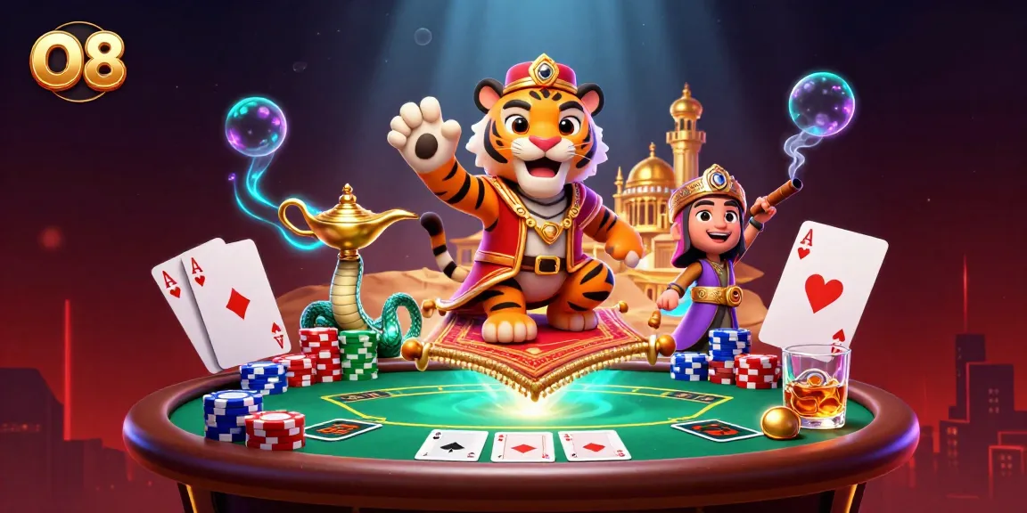 Experience thrilling poker action with O8's dynamic Arabian-themed casino scene featuring rich game elements and characters.
