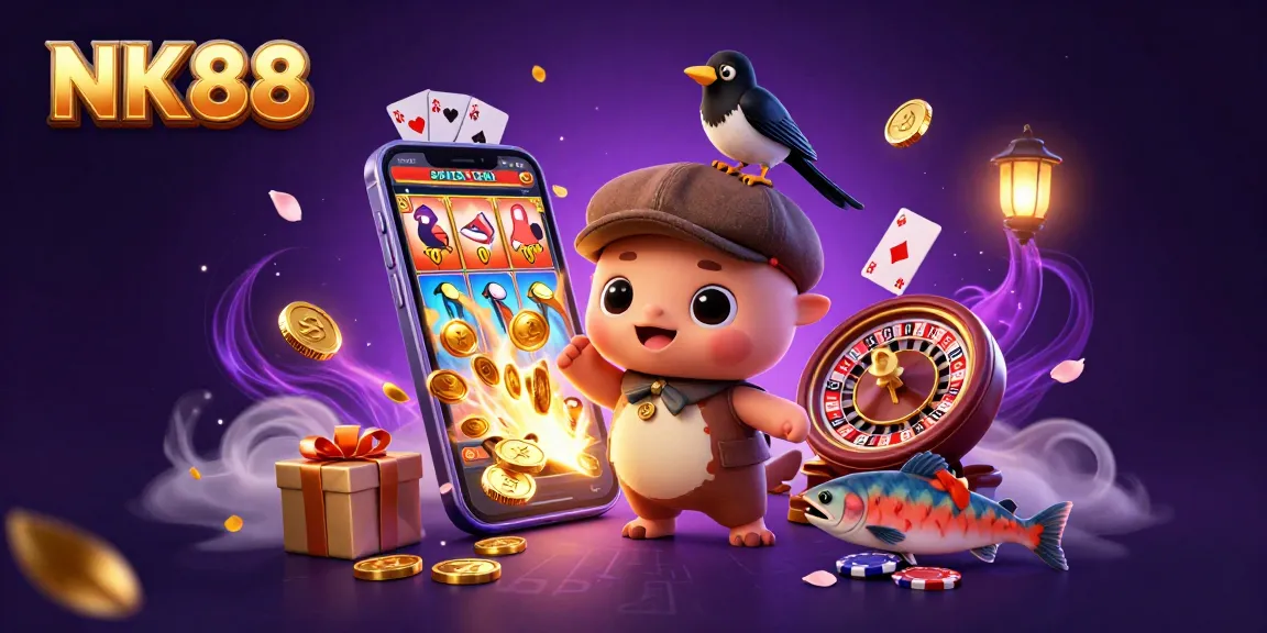 Experience thrilling wins at NK88 with a vibrant 3D casino scene full of action and excitement.